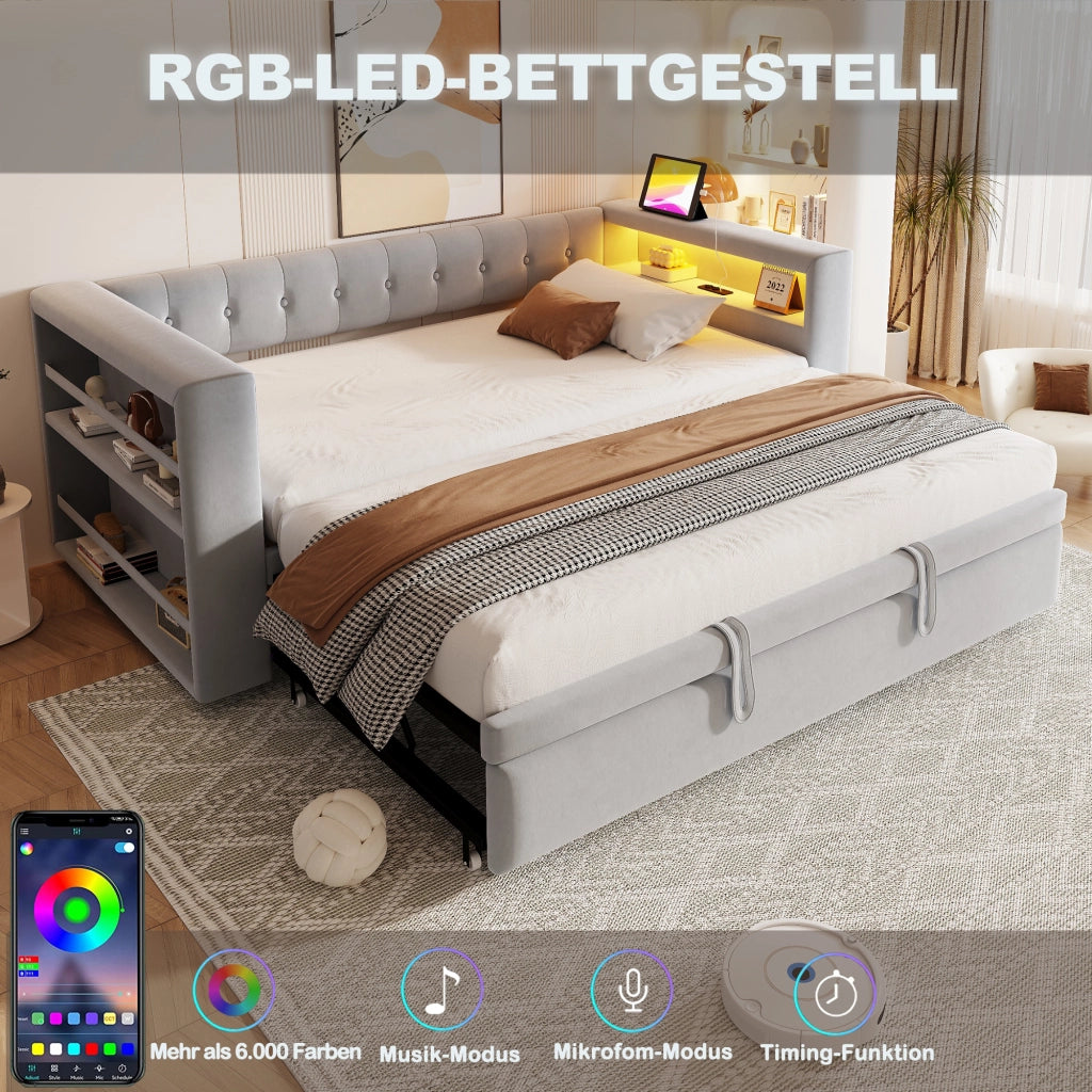 DIVANO LETTO 180x190 cm con LED, prese e contenitore, Grigio chiaro