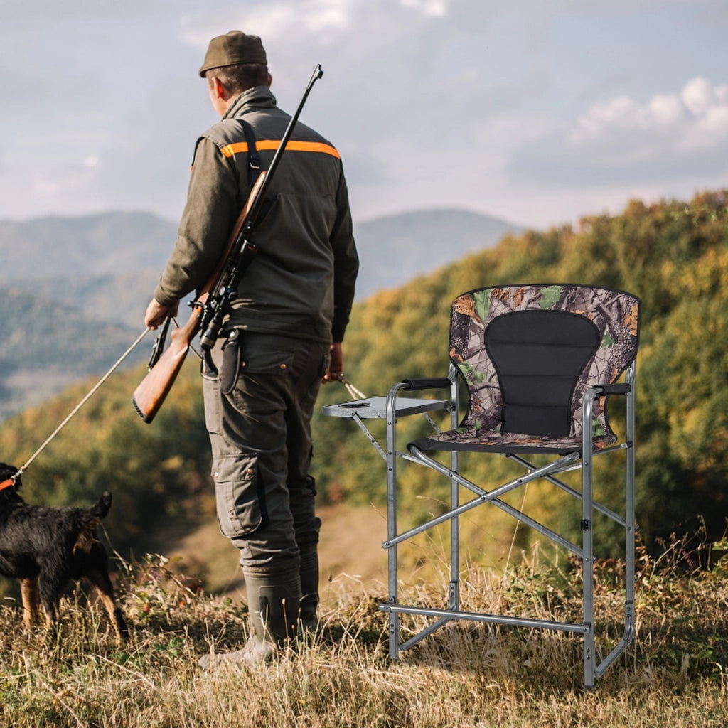 Sedia da caccia pieghevole con tavolino laterale poggiapiedi rimovibile, Sedia da regista portata 150kg 62x56x110cm-Tavoli e sedie da campeggio