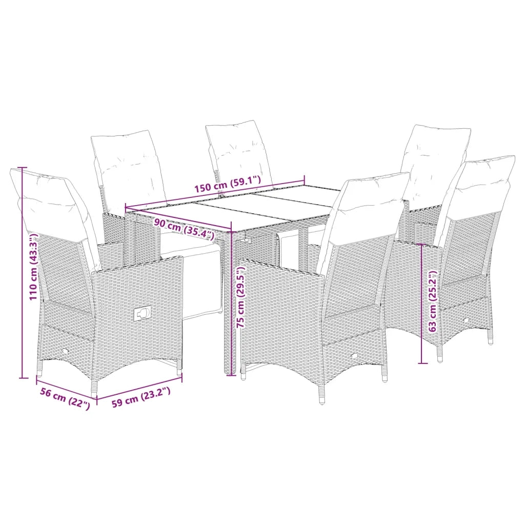 Set da Pranzo da Giardino 7 pz Nero con Cuscini in Polyrattan
