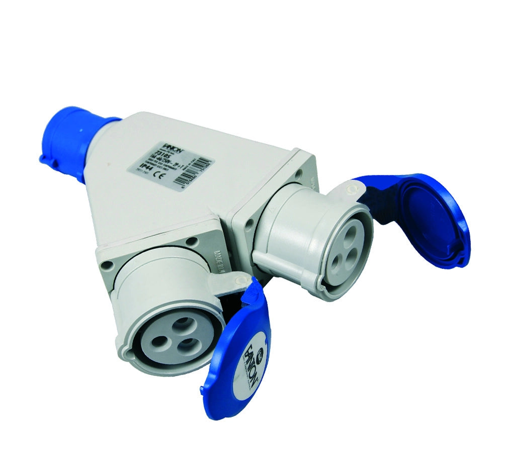 ADATTATORE INDUSTRIALE CON SPINA E 2 PRESE CEE 309 IP44  16A colore blu 73105    FANTON