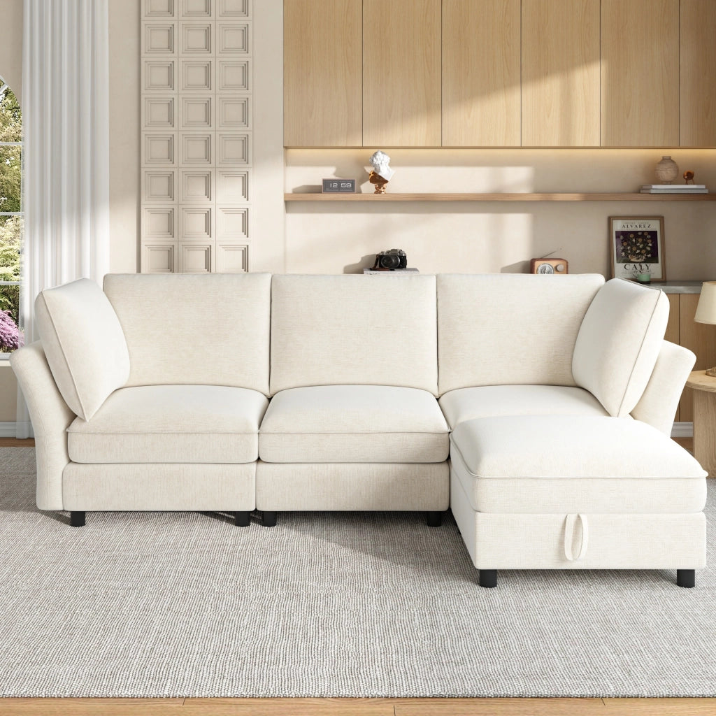Divano ad angolo modulare 4 posti con pouf contenitore e 2 cuscini, in Chenille, Beige