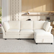 Divano ad angolo modulare 4 posti con pouf contenitore e 2 cuscini, in Chenille, Beige