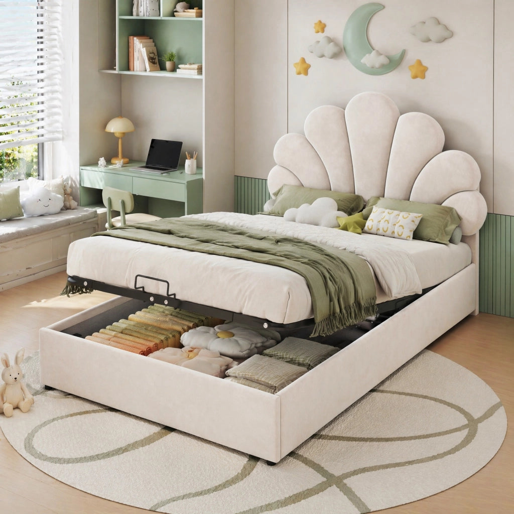LETTO Imbottito 90x200 cm Beige con contenitore idraulico