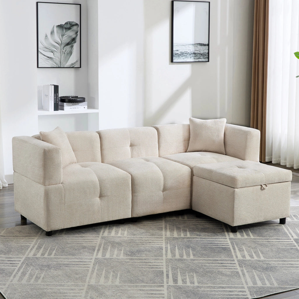 DIVANO MODULARE 3 POSTI 204x126x69 cm Chenille Beige con pouf contenitore e 2 cuscini