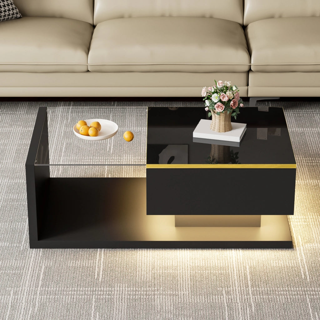 Tavolino da salotto 90 cm lucido nero - Zephmum- Effetto LED e vetro