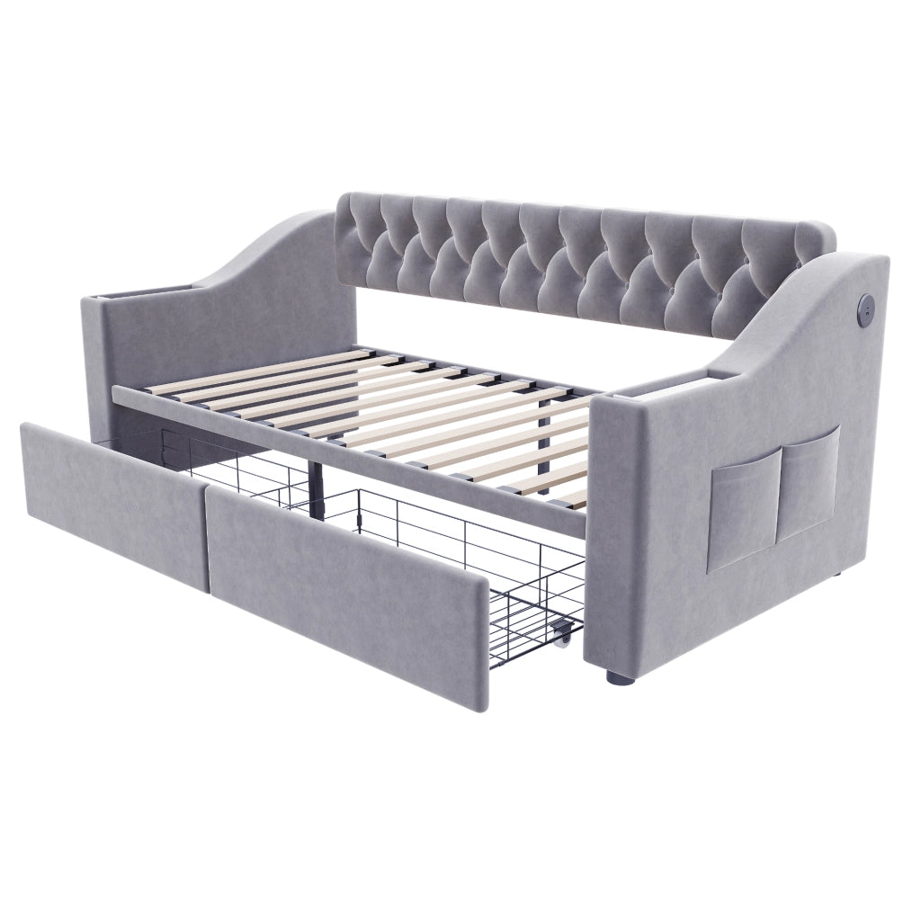 Letto imbottito trasformabile 90x190 cm in velluto con contenitore, USB e cassetti, grigio chiaro