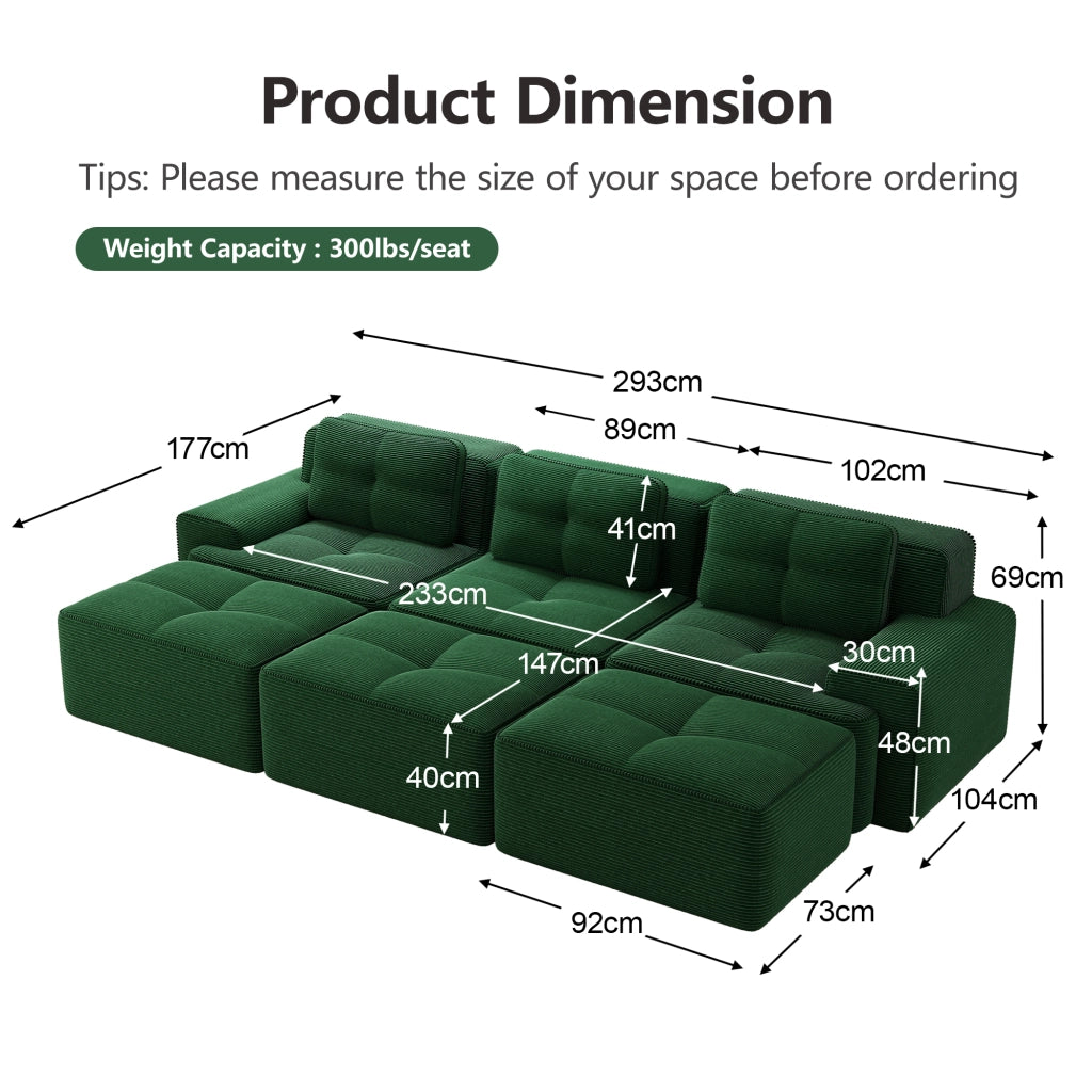 Divano Angolare Modulare 3 Posti con Pouf ¨C Xylo ¨C Verde, Tessuto a Coste, con Funzione Letto