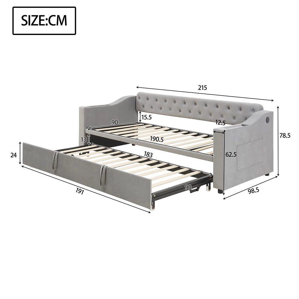 Divano letto - Xylo - 90/180x190 cm braccioli USB velluto grigio