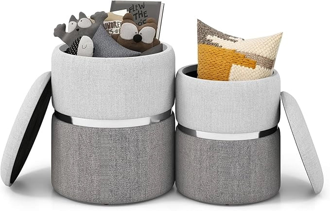 Set di 2 Pouf Contenitore in Velluto, Pouf Rotondi Imbottiti da 32L +21L, Sgabelli con Contenitore per Soggiorno, Camera da Letto, Portata 150 kg (Grigio)