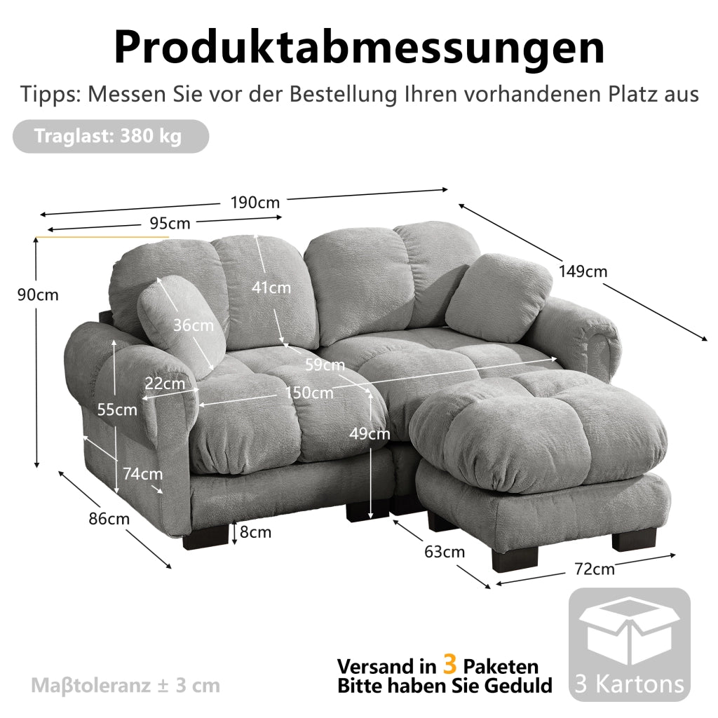 Divano angolare reversibile 2 posti in Chenille con cuscini trapuntati e pouf mobile, Grigio chiaro