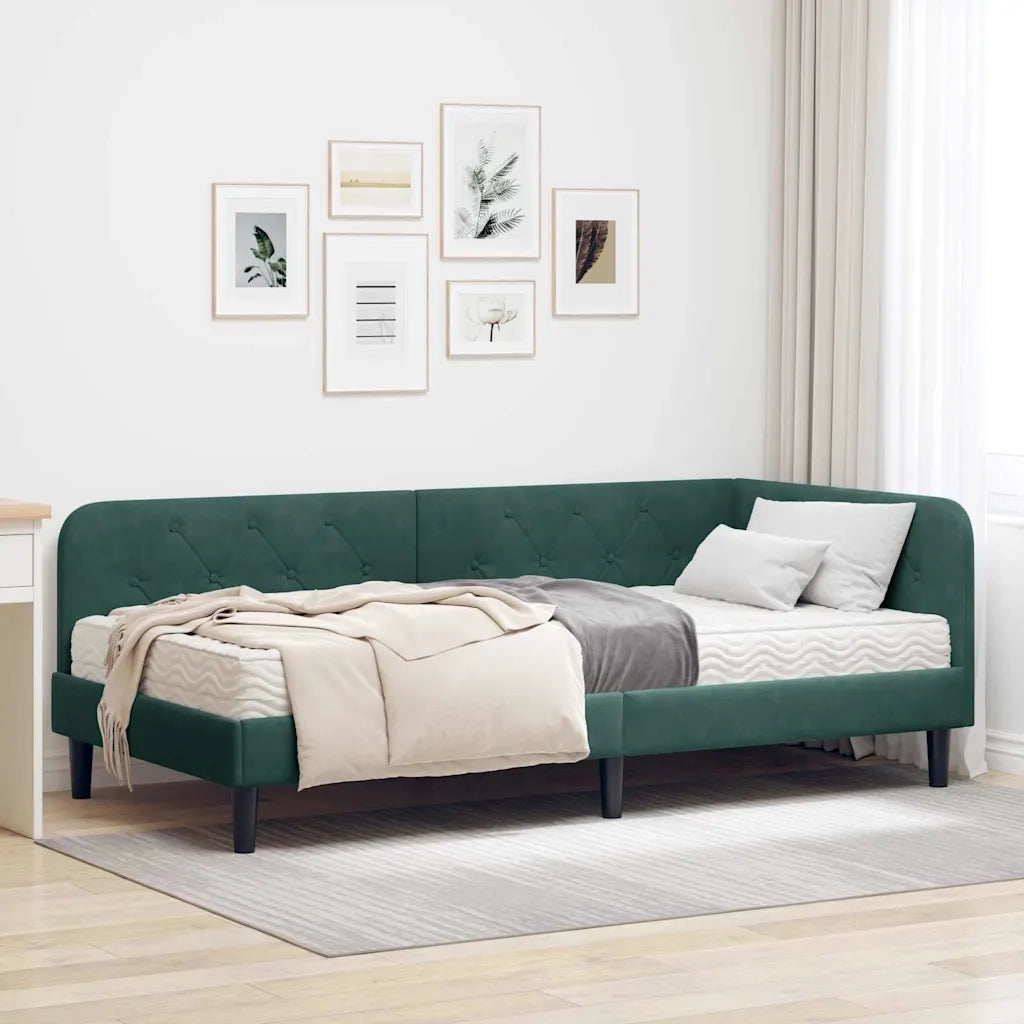 Cornice del letto ad angolo Verde Scuro 90 x 190 cm Velluto