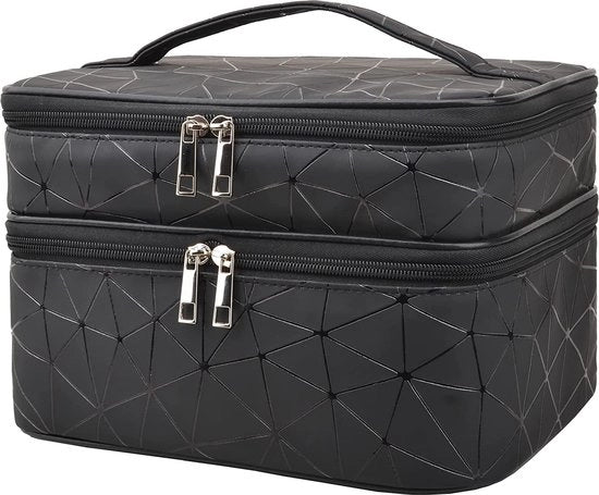 Tas da make-up grande a doppia tas con spazio per pennelli e separatore, nero