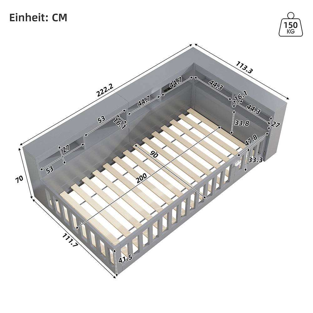 Daybed - Xylo - 90x200 cm USB balaustra grigio