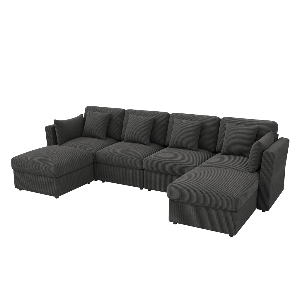 Divano modulare angolare U in corduroy grigio, 4-6 posti, con pouf spostabili e braccioli regolabili