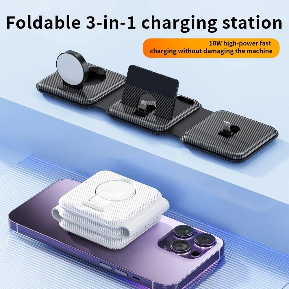 Trade Shop - Caricatore Pieghevole 3in1 Stazione Ricarica Portatile Per Apple Watch Iphone Wireless -