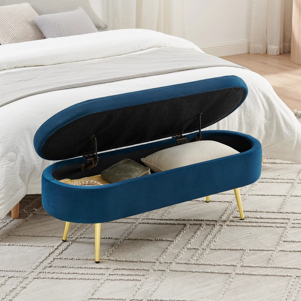 Panca contenitore con Cerniera idraulica e Gambe in metallo in Velluto Blu 111×41.5×24 cm