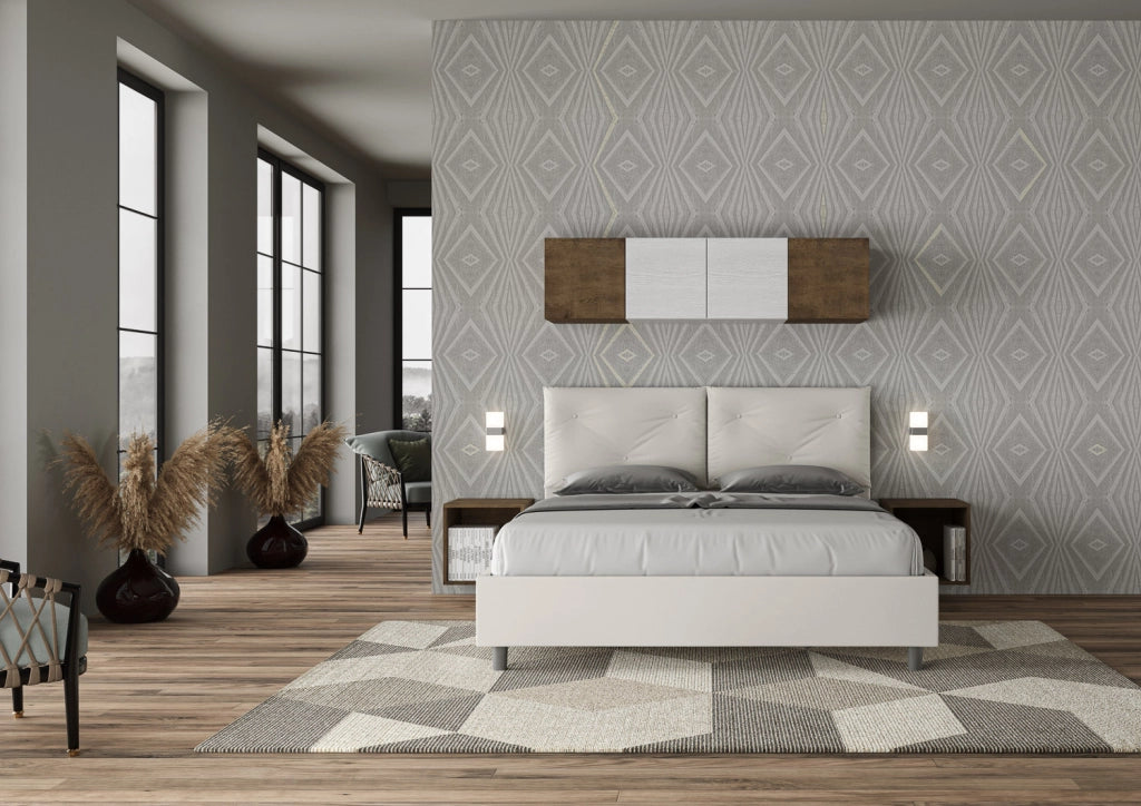 BS COM Letto matrimoniale con rete imbottito 160x200 similpelle bianco
