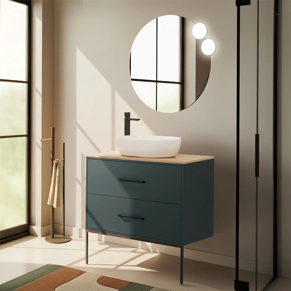Mobile bagno sospeso 80cm verde petrolio con due cassetti e specchio Brik