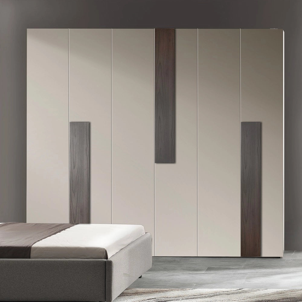 Camera da letto completa Kendra con armadio 6 ante battenti e letto contenitore imbottito tortora noce
