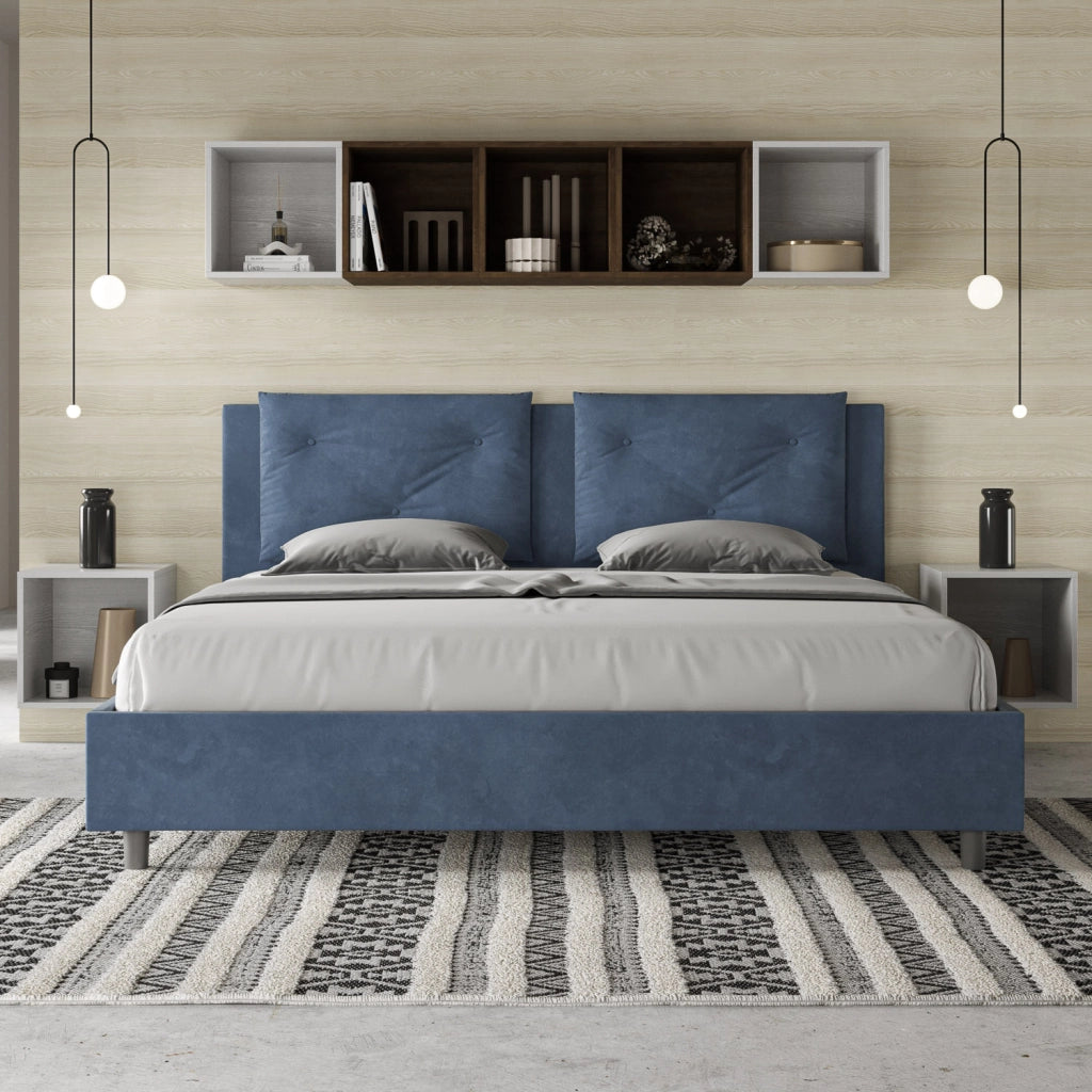 BS COM Letto matrimoniale king size senza rete imbottito 170x200 microfibra blu