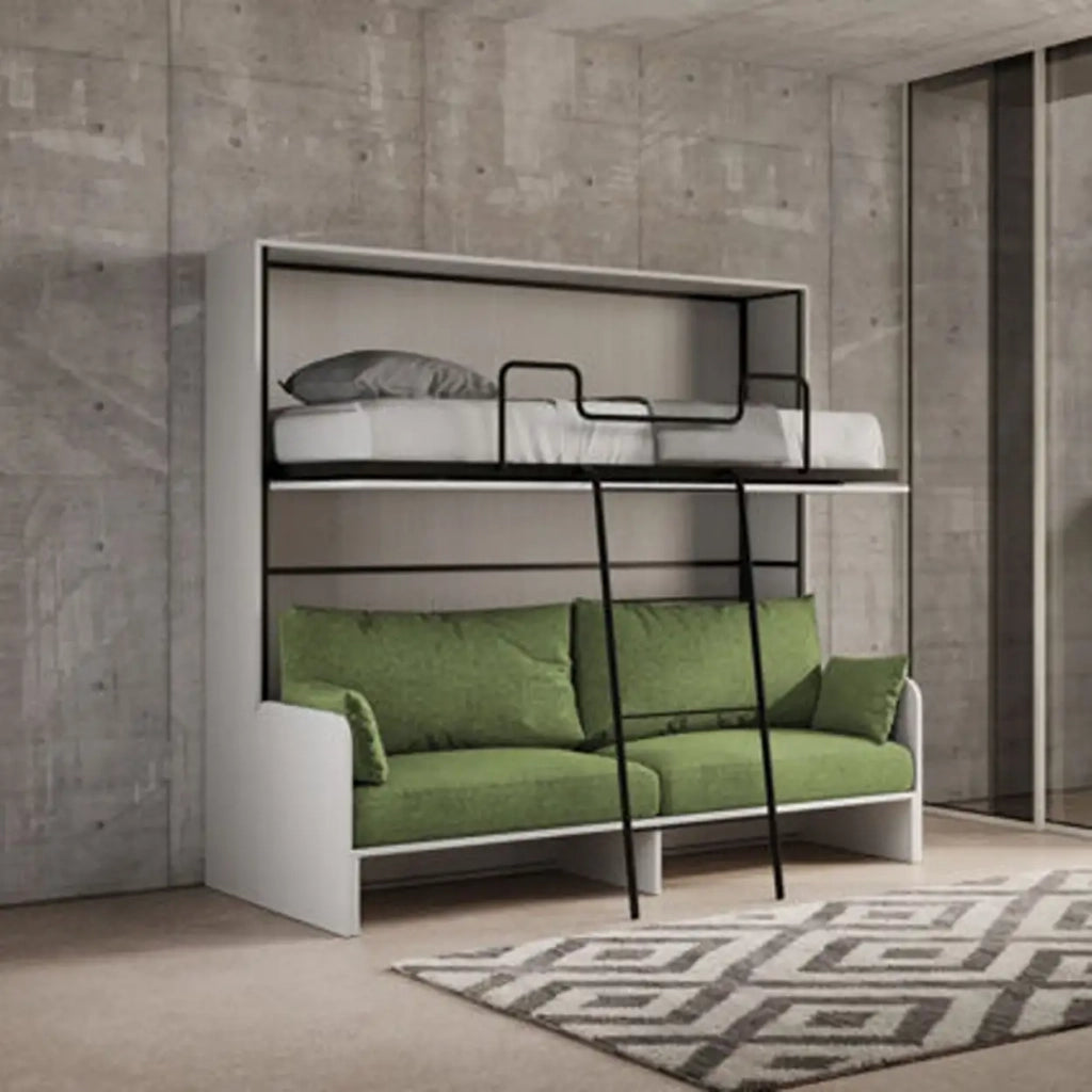 Letto doppio a scomparsa Kando con divano bianco frassino, verde