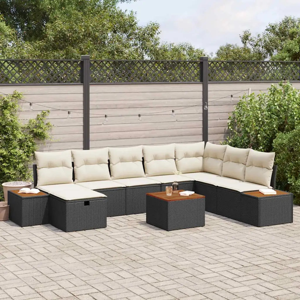 Set Divano da Giardino con cuscino 9 pcs Nero polyrattan