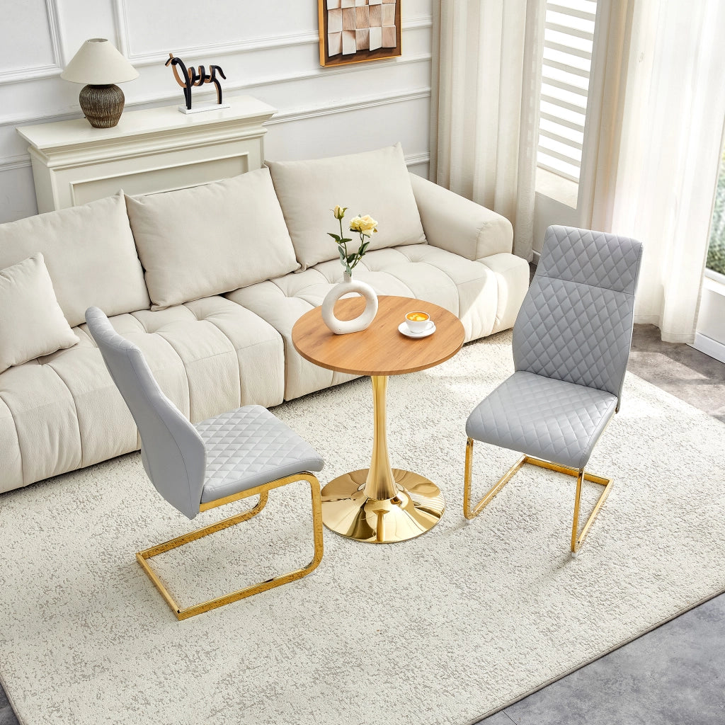 Set Tavolo Rotondo e 2 Sedie da Pranzo ¨C Xylo ¨C Piano MDF Effetto Legno, Gambe Oro, Tessuto Grigio Chiaro