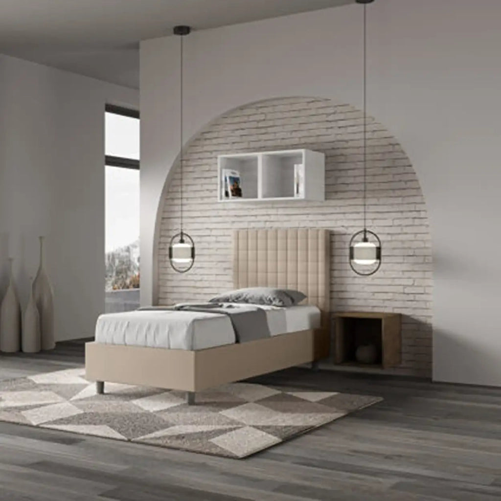 Letto singolo con rete imbottito 90x190 similpelle tortora Sunny