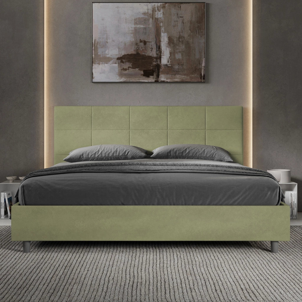 BS COM Letto matrimoniale king size contenitore imbottito 180x190 microfibra tè verde