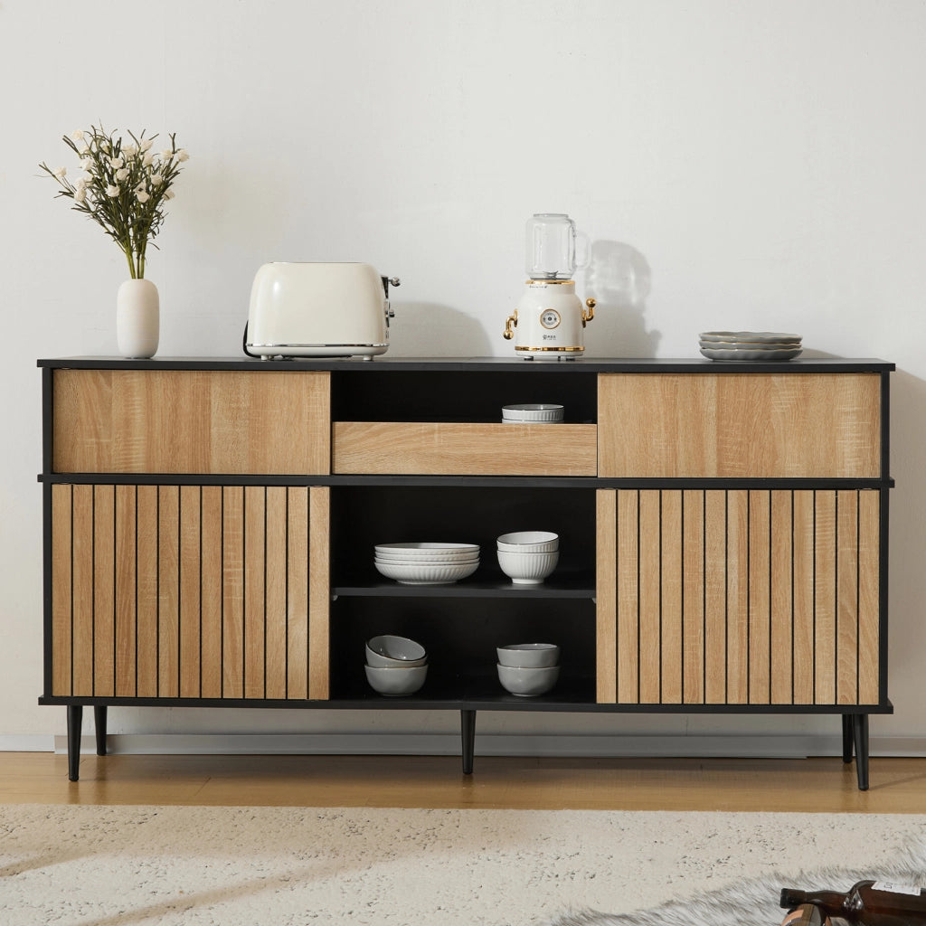 Credenza con 4 ante scorrevoli, 1 cassetto e ripiani regolabili per soggiorno, nero e naturale, 160 × 40 × 80 cm