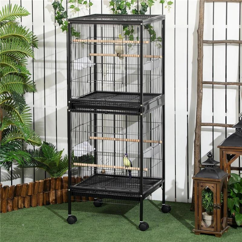 GABBIA VOLIERA PER UCCELLI PER INTERNI CON RUOTE E VASSOI ESTRAIBILI 51.5X50X140 CM NERO