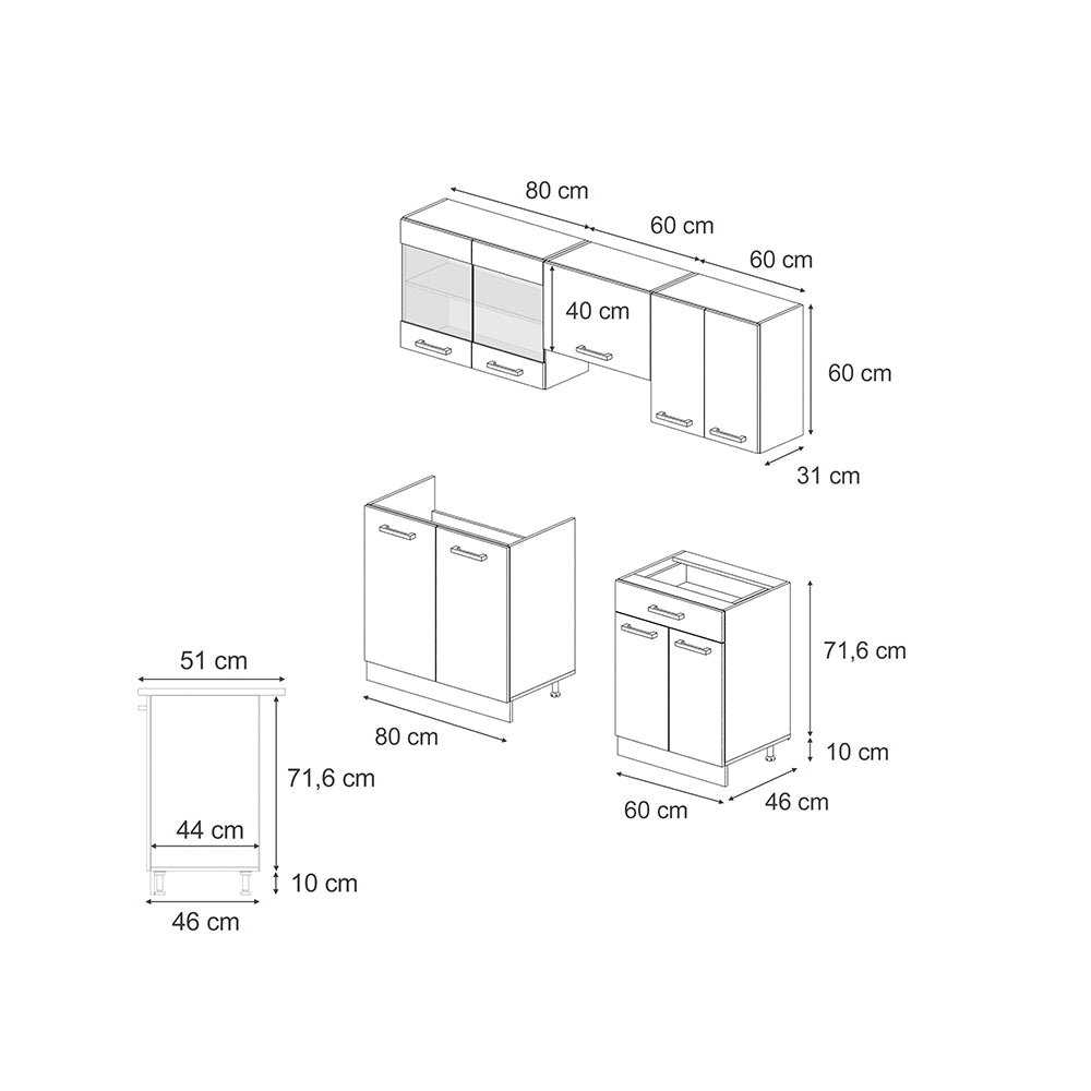Cucina componibile R-Line Calcestruzzo/Antracite 200 cm, PL Marmo Vicco