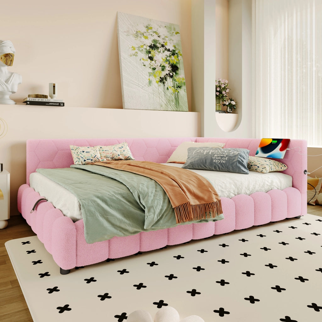 LETTO Daybed 140x200 cm Rosa con LED, USB, Tipo-C e vano contenitore