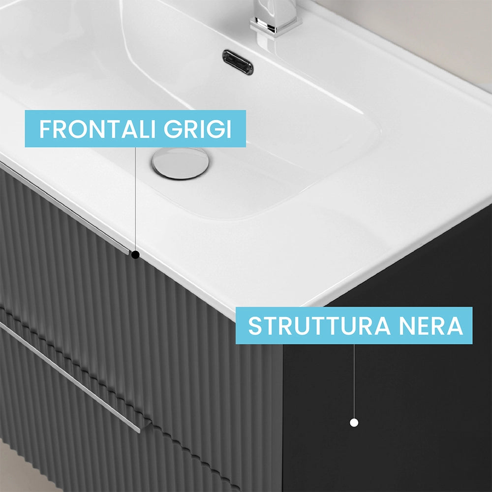 Mobile bagno sospeso 80 cm bicolore grigio cannettato e nero con lavabo  e specchio Zena