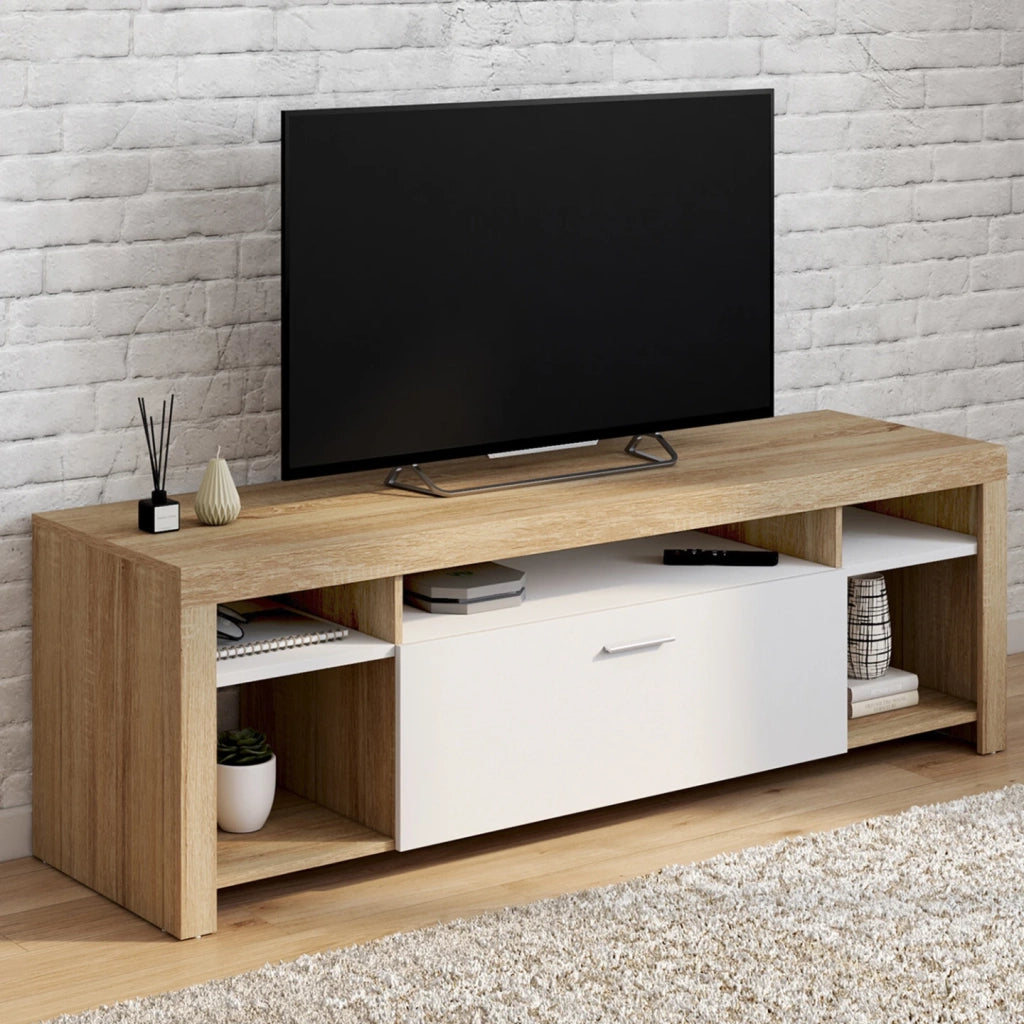 IDMarket - Mueble TV MALO 140 cm en madera y armario blanco