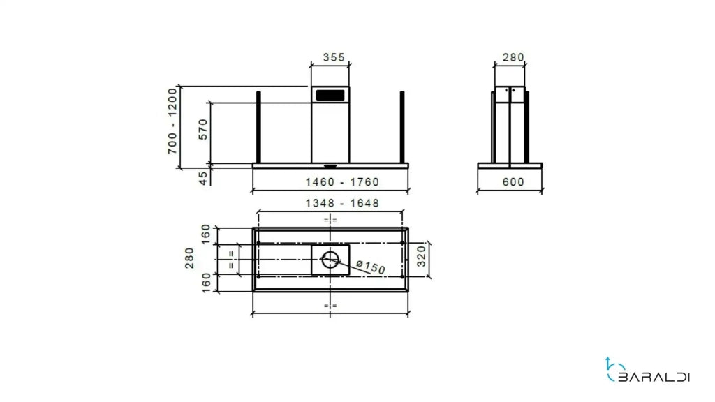 CAPPA ELEA CENTRALE cm146x60 camino centrale - Inox - 800 m3/h
