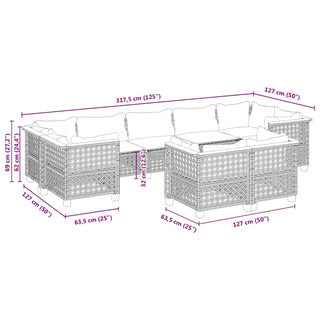 Set Divano da Giardino 9 pz con Cuscini Beige in Polyrattan 3261994