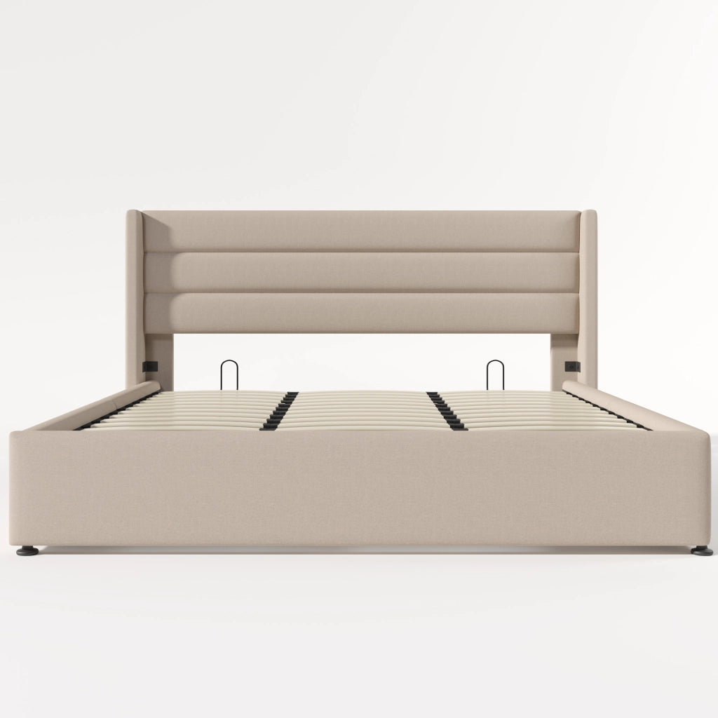 Letto Contenitore Imbottito Matrimoniale Idraulico ¨C MINIMAL ¨C Doghe in Legno, Tessuto, Beige, 180x200