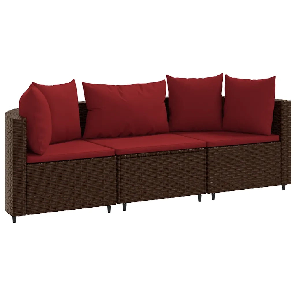 Set Divano da Giardino 3 pz con Cuscini Marrone in Polyrattan
