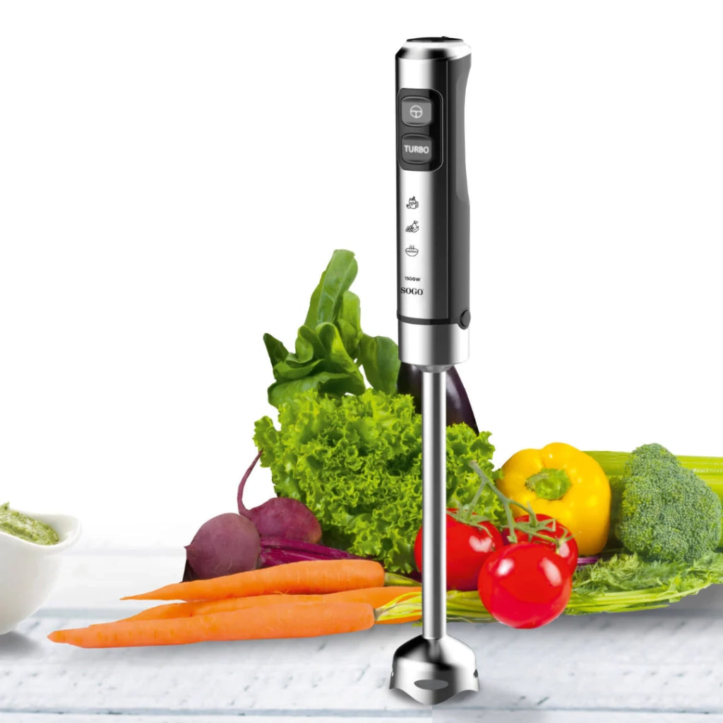 Frullatore a immersione 1500W con 23 velocità e lame titanio, gambo lungo 25 cm con bicchiere 800ml - Sogo