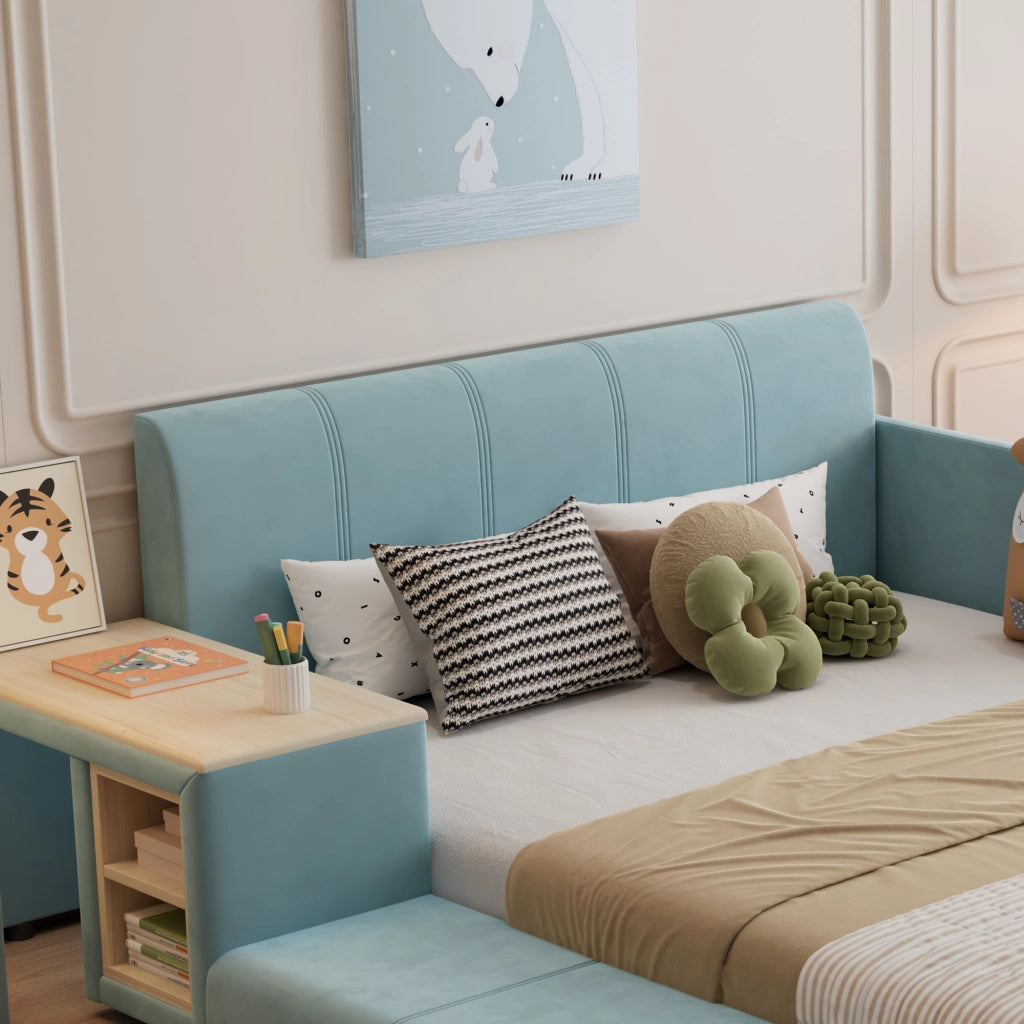 Letto Singolo Imbottito con Scrivania e Sgabello ¨C MINIMAL ¨C Velluto Blu 140x200