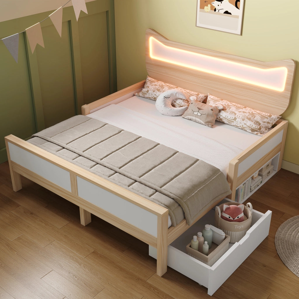 Letto per bambini con orecchie da gatto - Zephmum- 140¡Á200 cm - LED RGB - Bianco e quercia