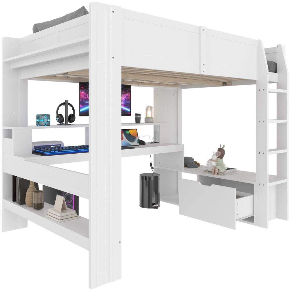 Letto a Soppalco con Scrivania e LED ¨C MINIMAL ¨C Bianco 140x200 con Cassetti e Ripiani