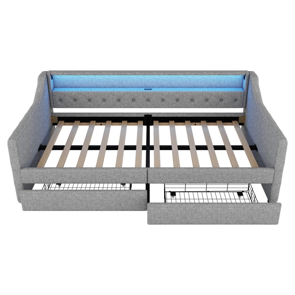 Letto Singolo Divano con Doghe e Cassetti ¨C MINIMAL ¨C Grigio, LED, 90x200