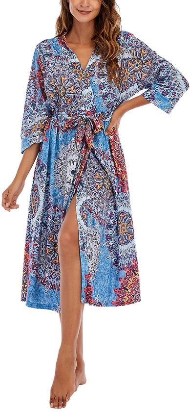 Kimono da notte per donna con manica 3/4, V-collare, lunga, per abbigliamento da sera, PAT3 S