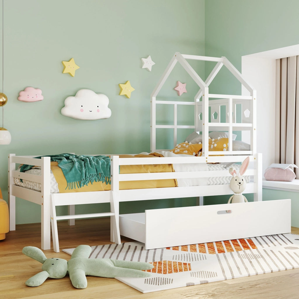 Letto a castello per bambini - Zephmum- Con scala e cassetti, 90x200cm, Bianco