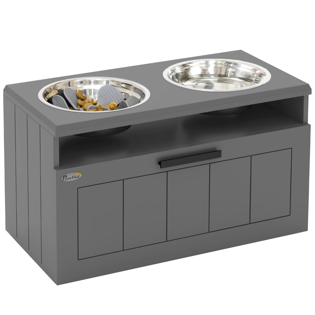 Ciotola Cane Grande con Distributore ¨C Minimal ¨C MDF Acciaio Grigio 2 Ciotole Inox