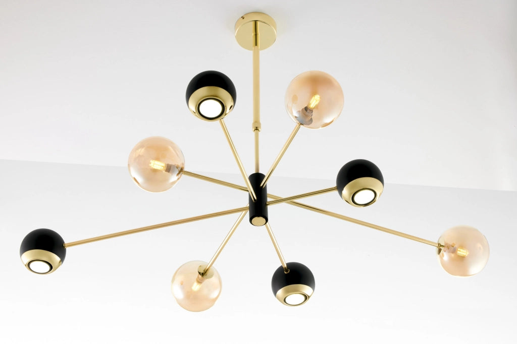 Sospensione MOKA oro/nero globi ambra 8 luci Jupiter