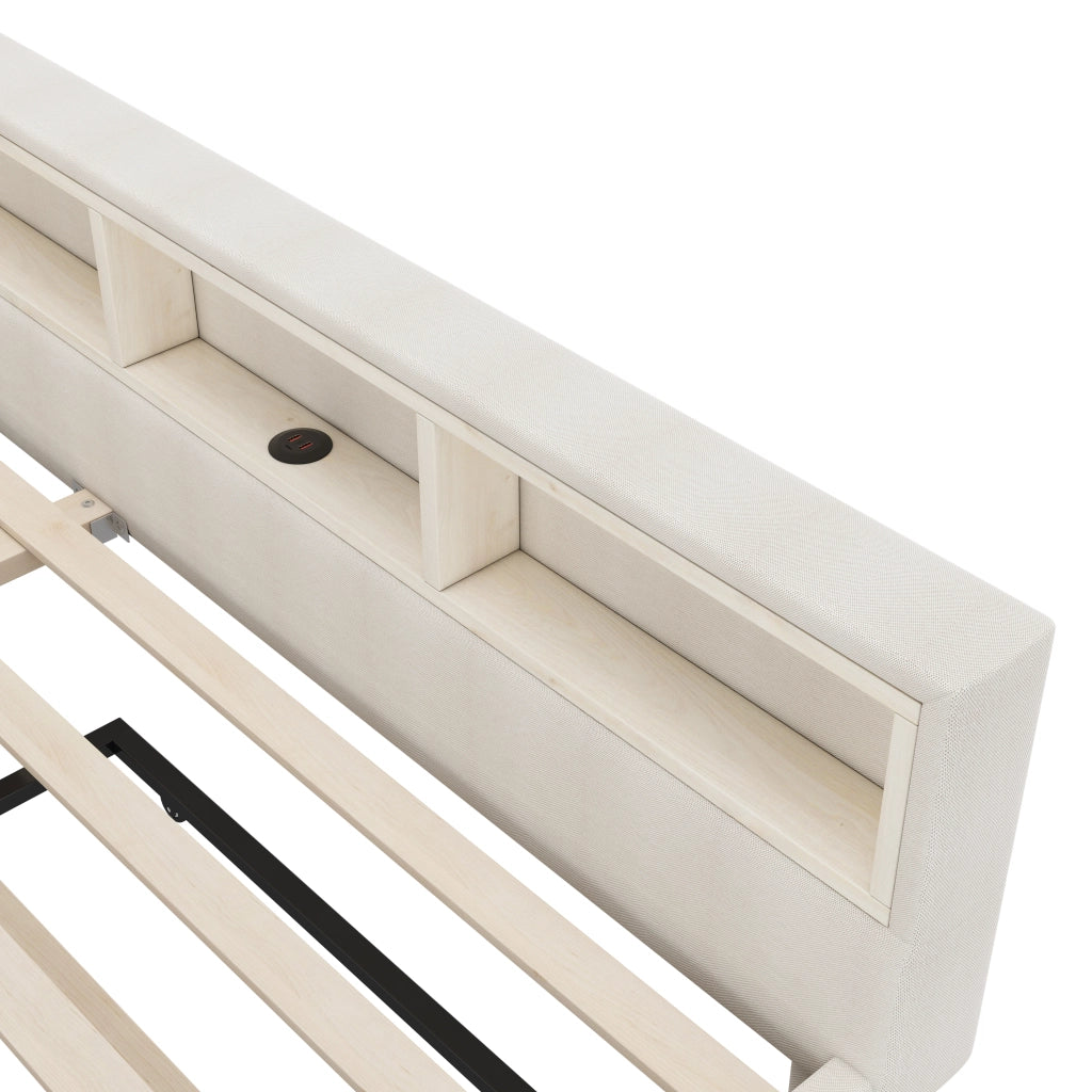 Letto con letto estraibile 140 × 200 cm con vani portaoggetti LED USB e Type-C in lino e MDF beige