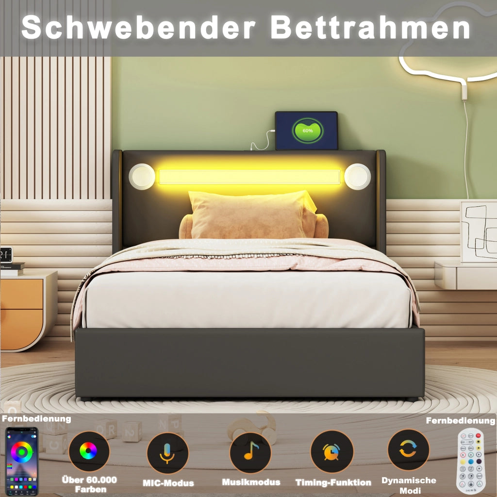 LETTO Bambini 90x200 cm in PU Nero con LED, Bluetooth e USB